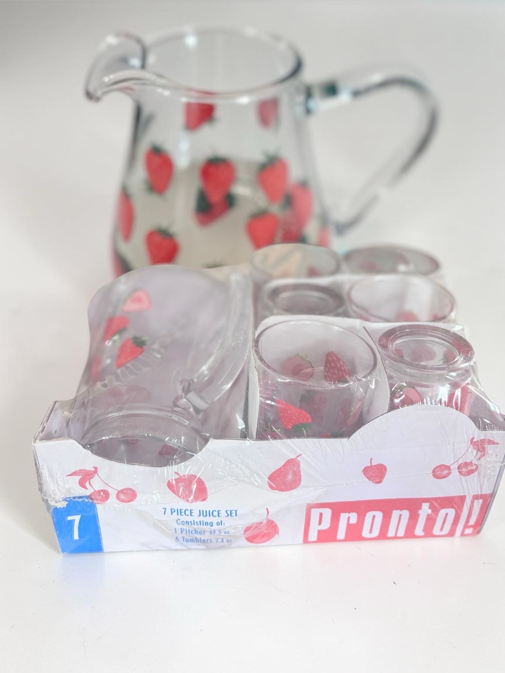 Vintage Strawberry Juice Set Pitcher Glasses Pronto 7 Piece NIB